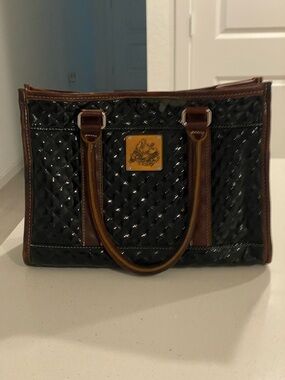 Consuela , Black Quilted Patent Tote with Brown Trim